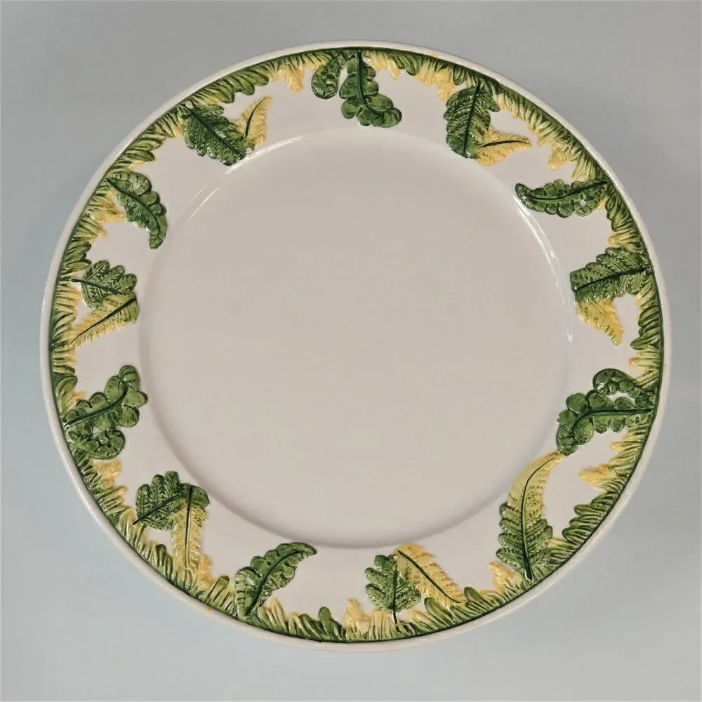 Vintage Italian Dinner Plates Set Of 4 Green Garden Ferns Flower Bud Cottagecore